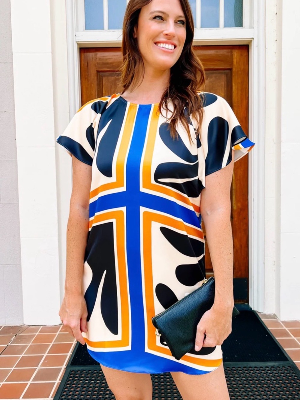 Umgee Cream, Blue, Orange & Black Graphic Mini Dress Size S